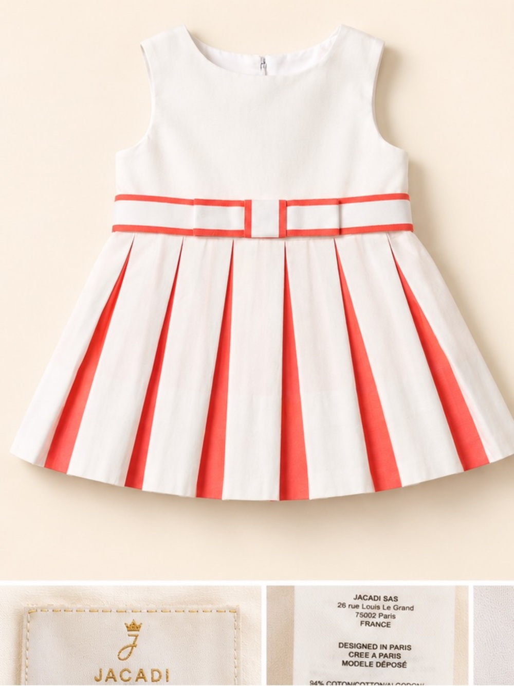 Jacadi Ivory and Coral Pleated Belted Dress